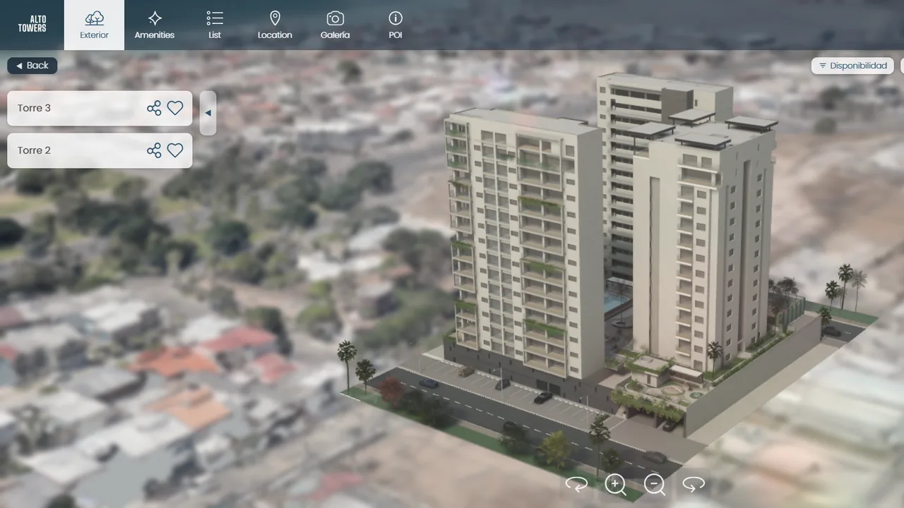 The interactive 3D showroom we wired into the CRM, showing two towers of a Tijuana development with per-unit availability