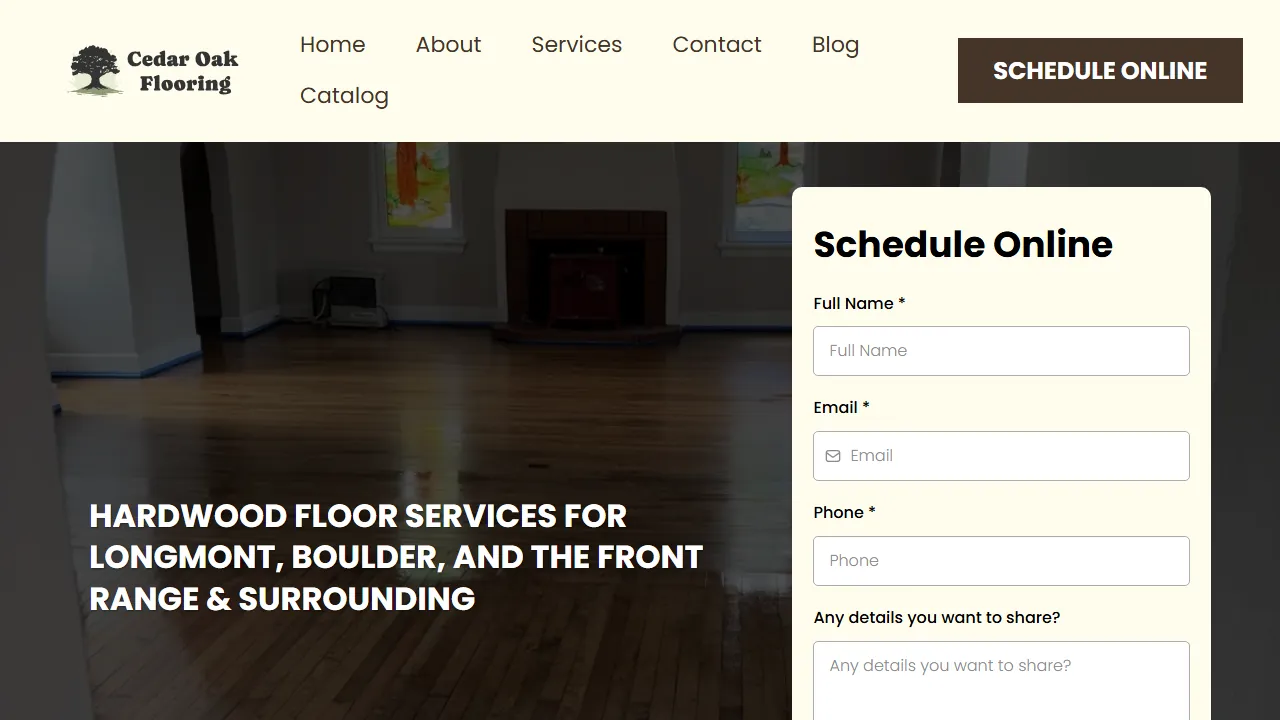 Homepage of the hardwood flooring contractor site we built