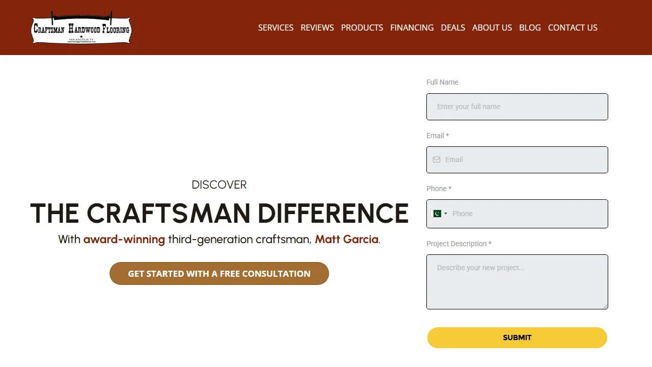 Homepage of the hardwood flooring contractor site we built