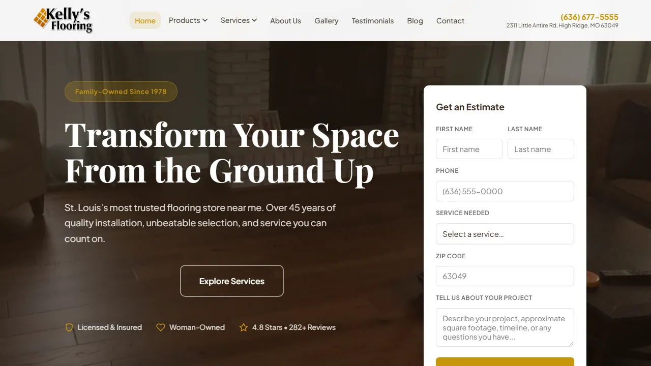 Homepage of the hardwood flooring contractor site we built