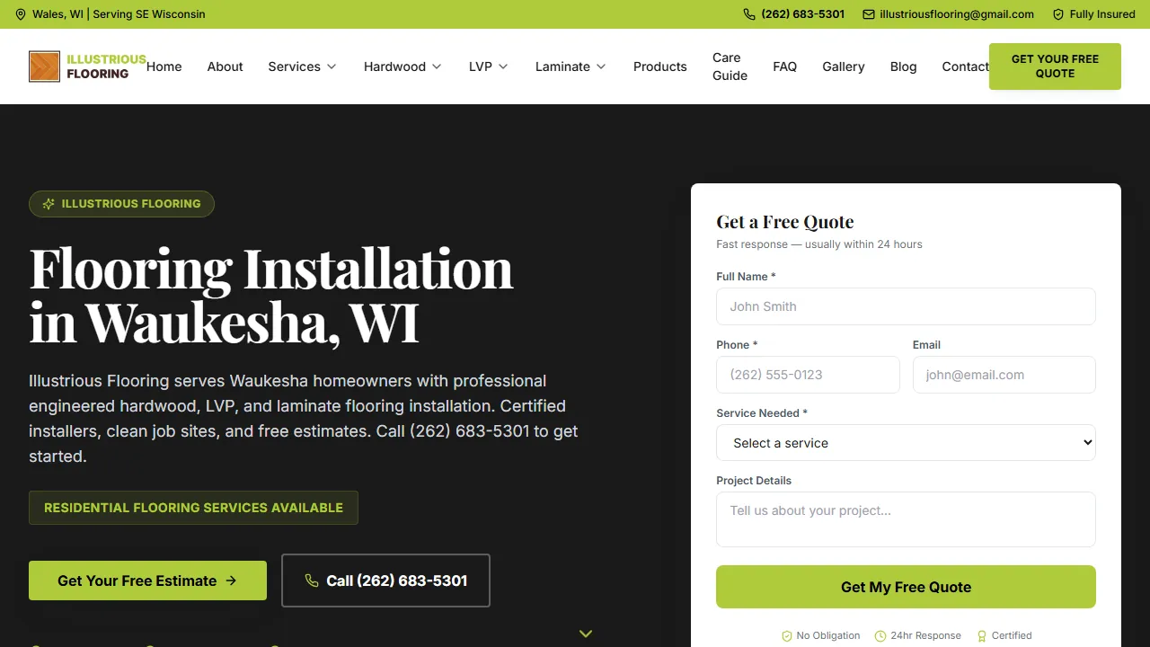 Homepage of the flooring contractor site we built