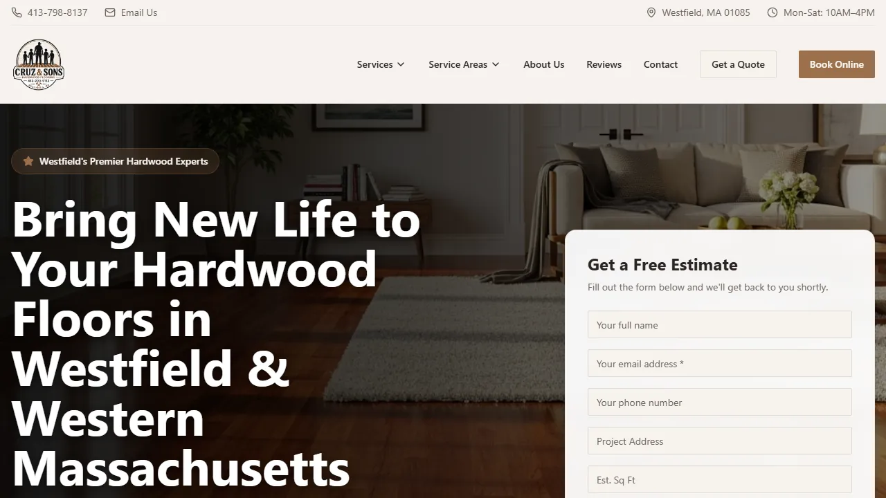 Homepage of the hardwood flooring contractor site we built