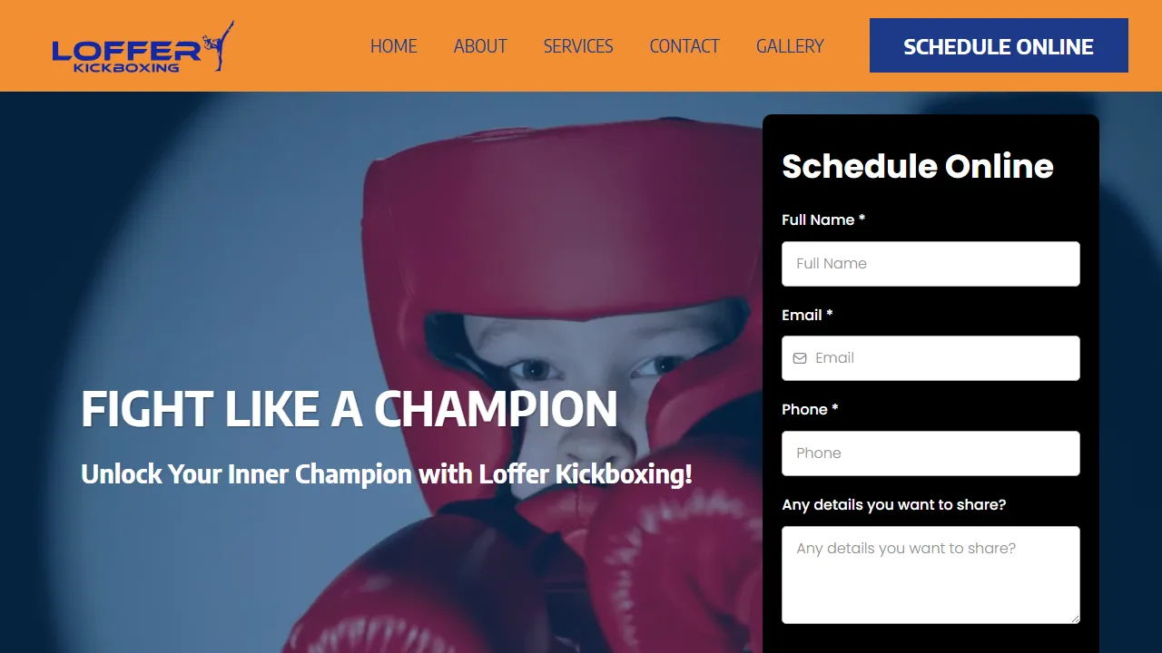Homepage of the kickboxing gym site we built