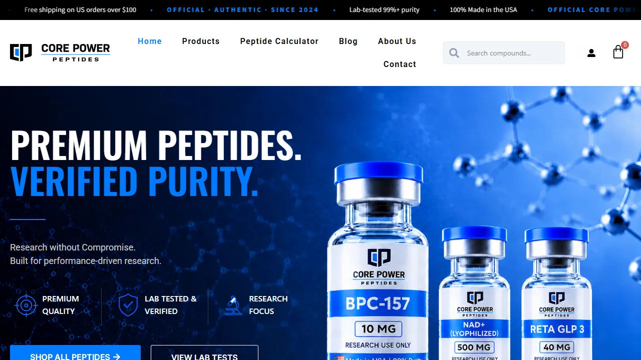 Homepage of the peptide retailer site we built