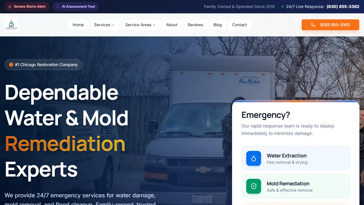 Homepage of the water damage restoration site we built