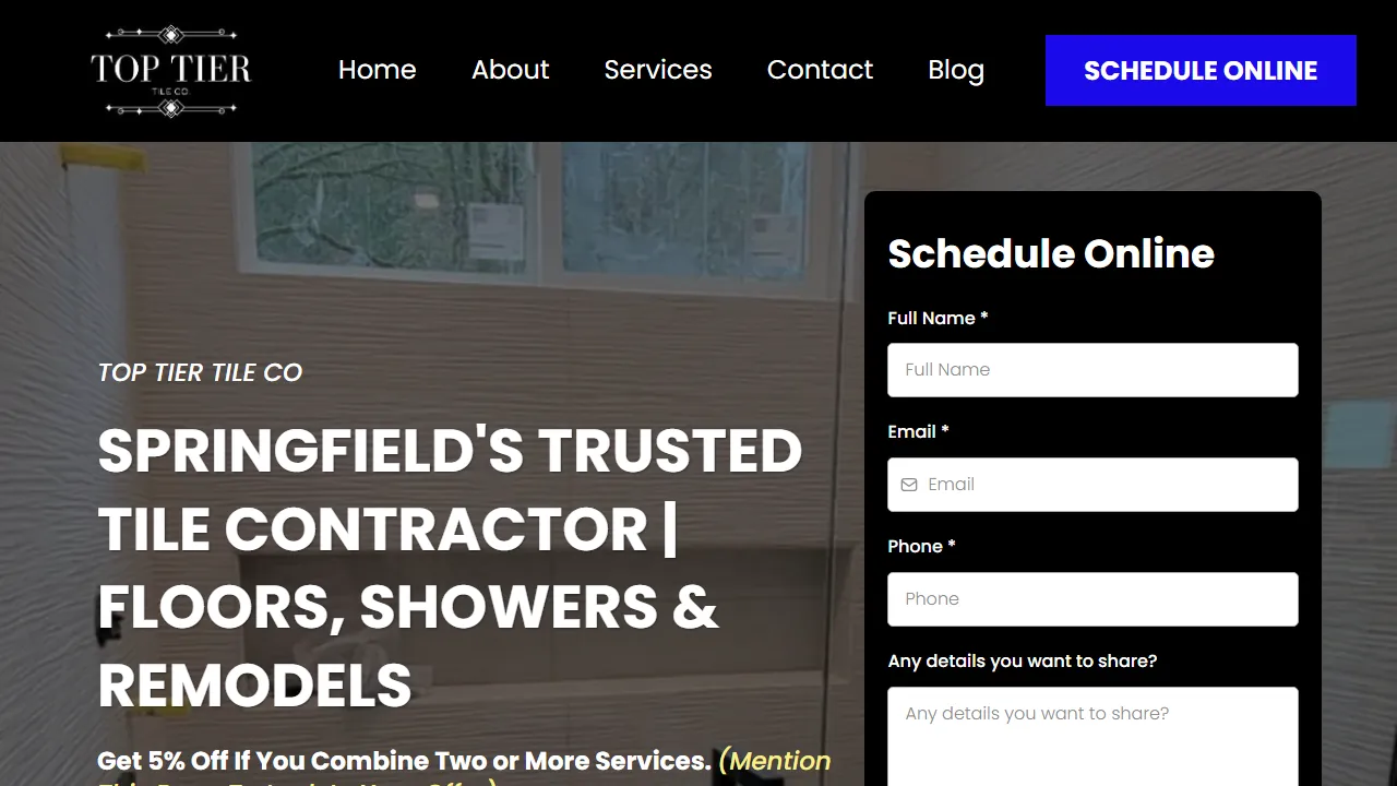 Homepage of the tile contractor site we built