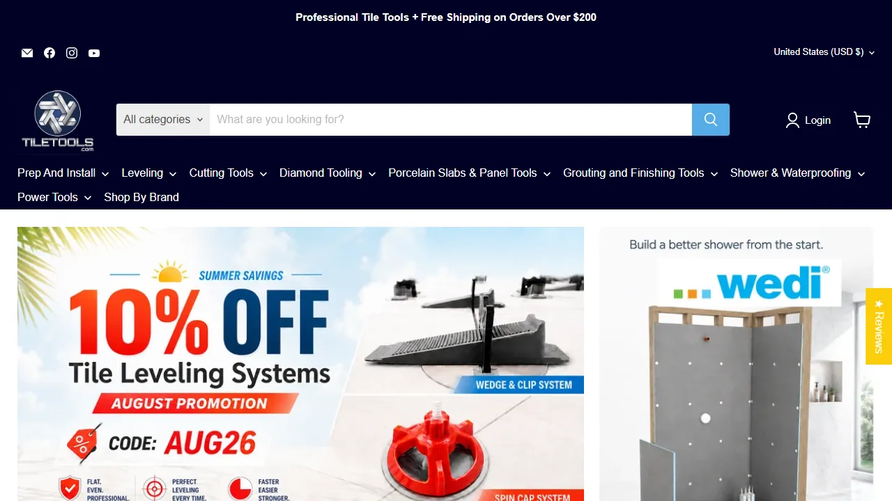 Homepage of the tile tool retailer site we built