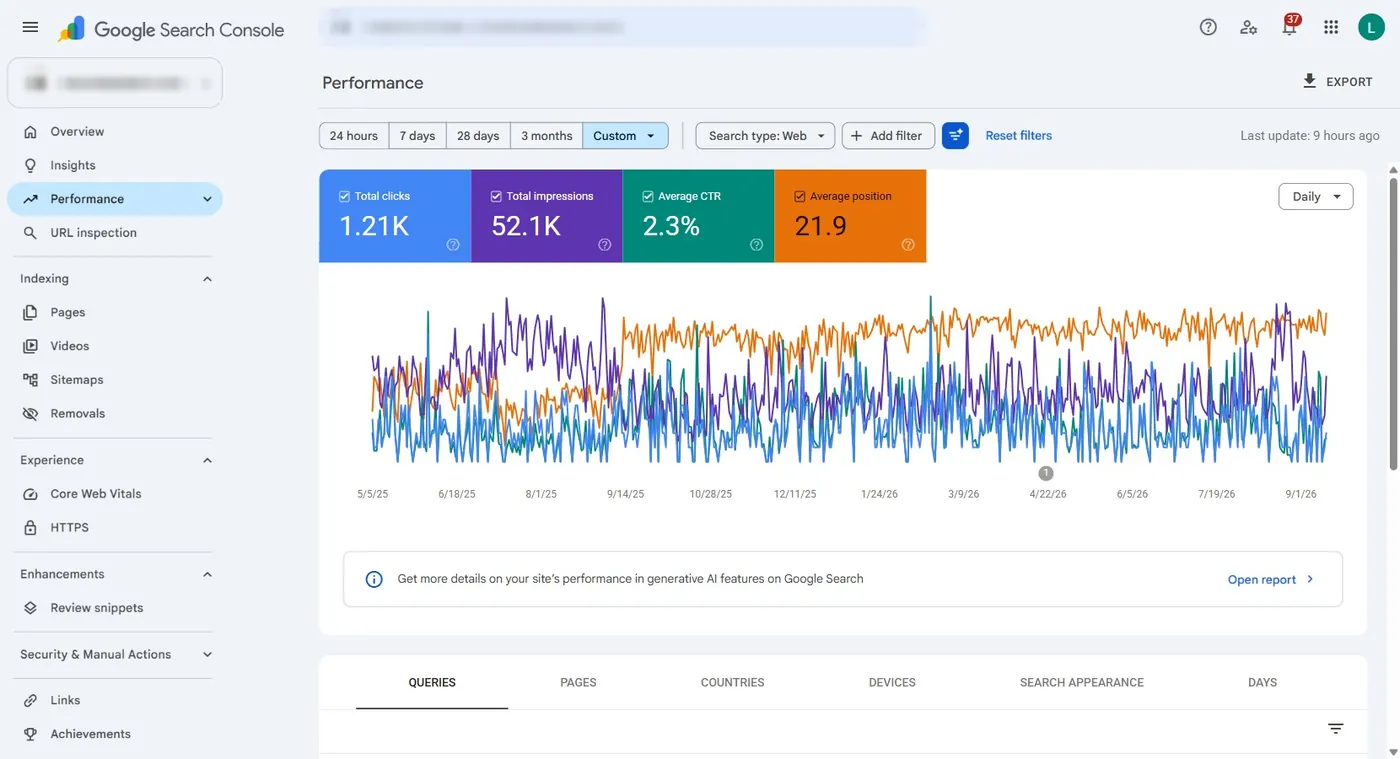 Search Console, May 2025 to September 2026.
