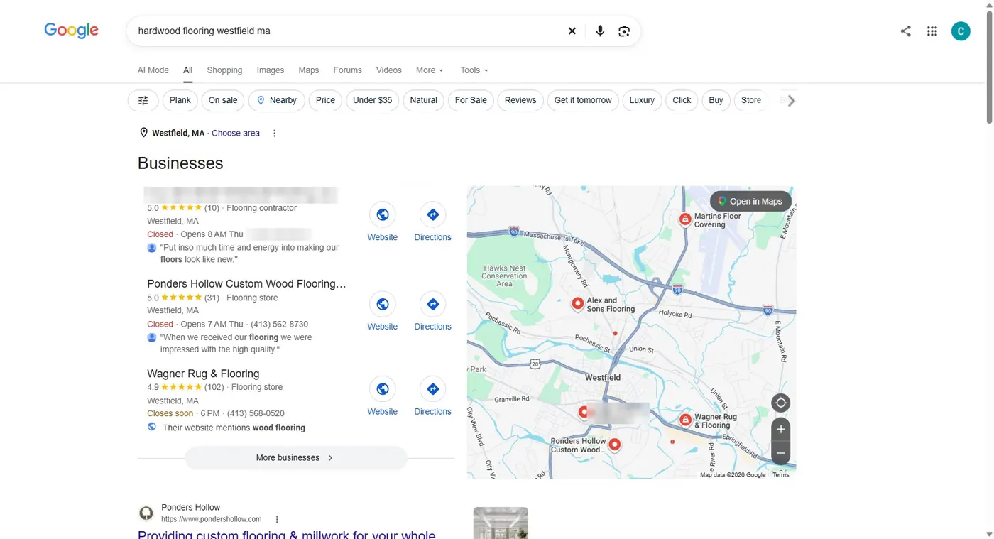 Google, “hardwood flooring westfield ma”: first in the local pack, 5.0 stars, 17 September 2026. Client name blurred.