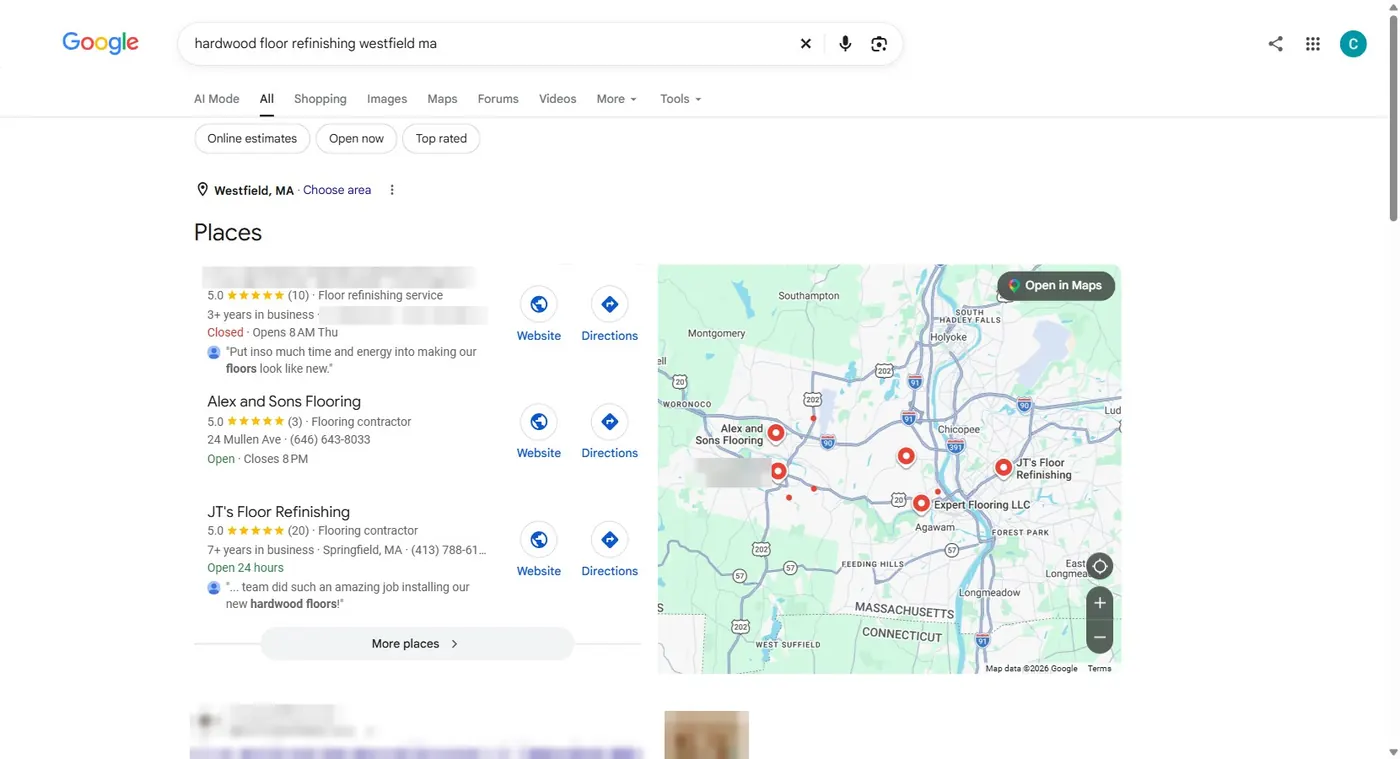 Google, “hardwood floor refinishing westfield ma”: first in Places and the first organic result. Client name blurred.