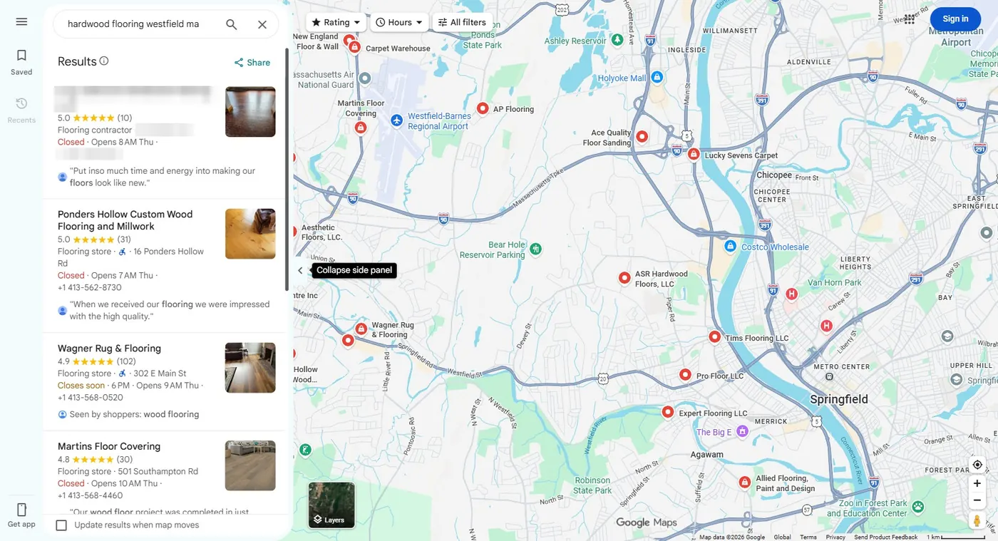Google Maps, “hardwood flooring westfield ma”: first result. Client name blurred.