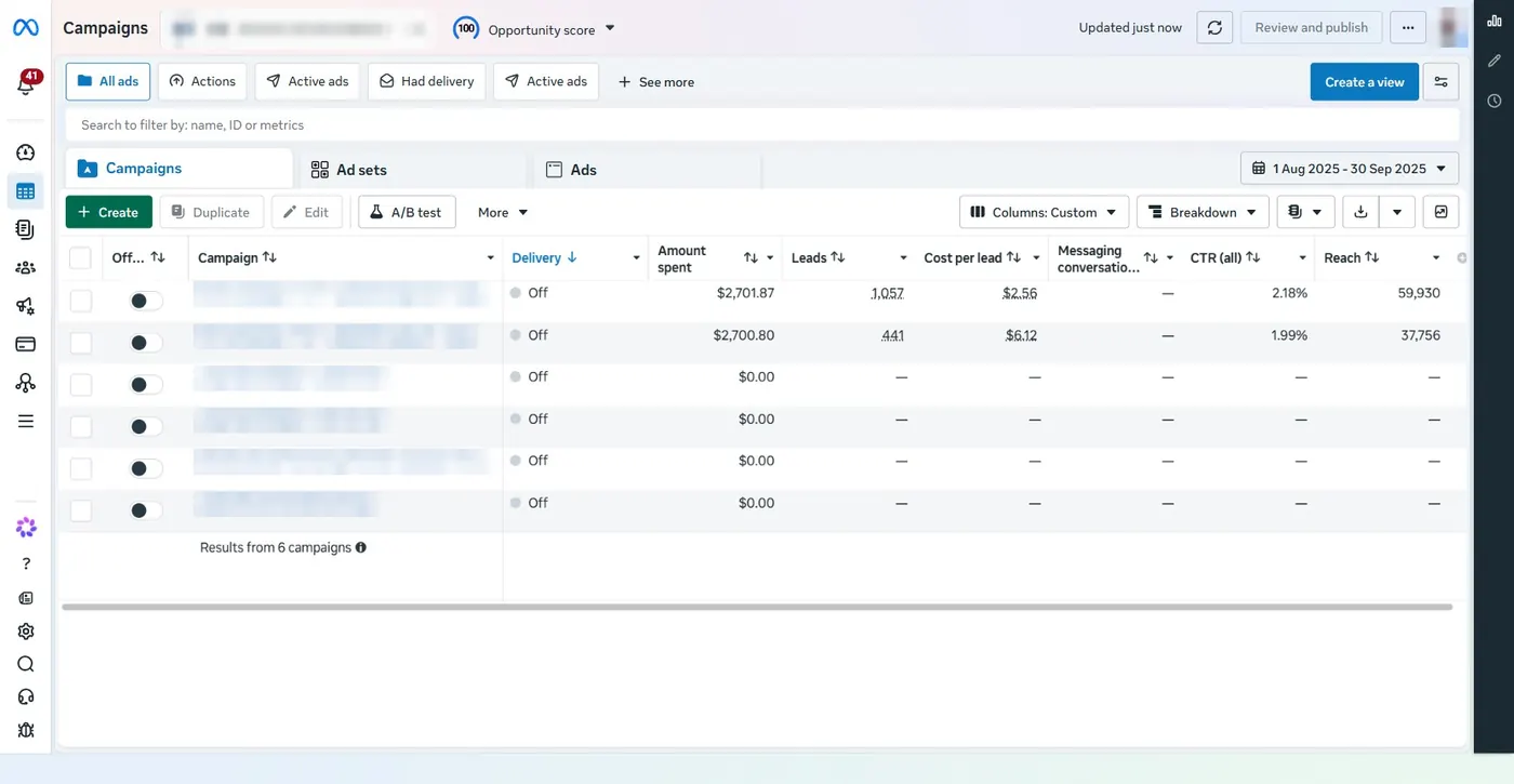 Ads Manager, the two screener campaigns side by side.