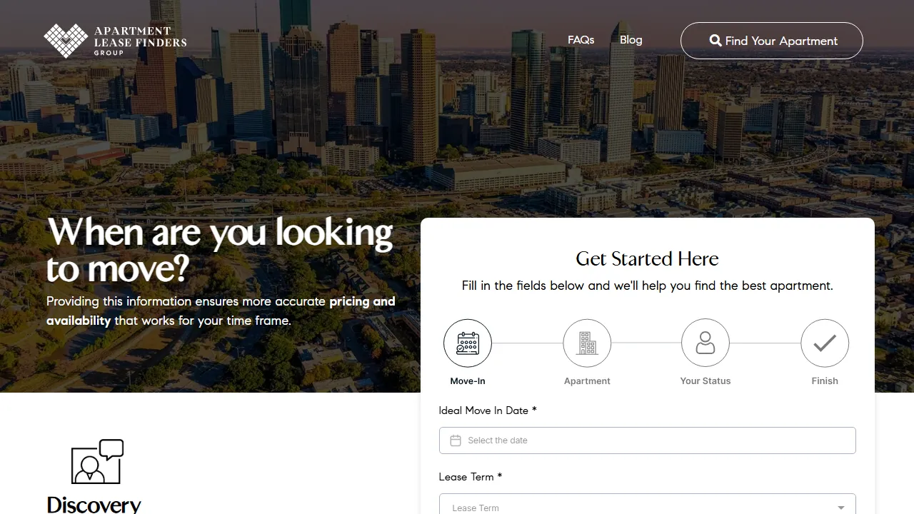Homepage of the apartment lease finders site we built