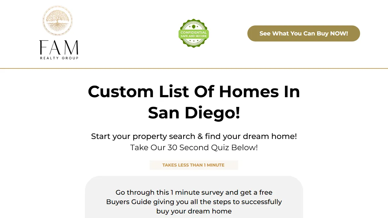 Homepage of the buyer eligibility funnel site we built