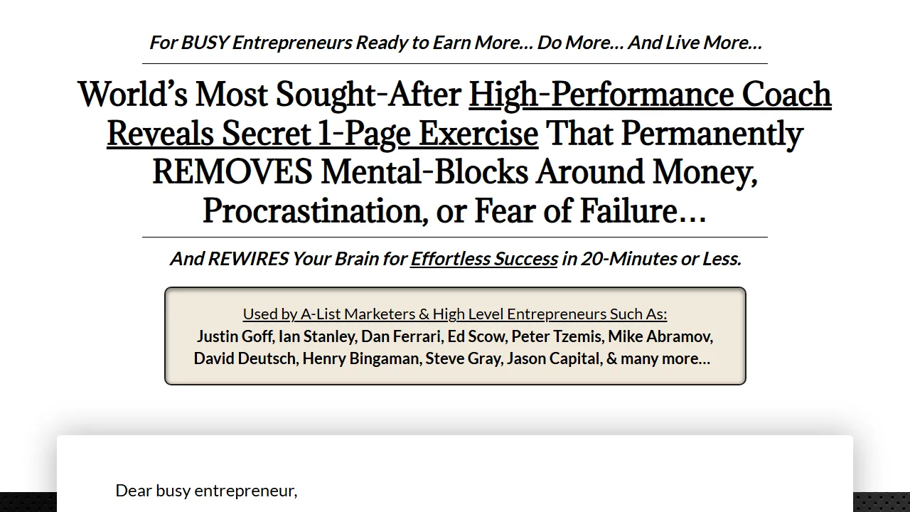 Homepage of the coaching method funnel site we built