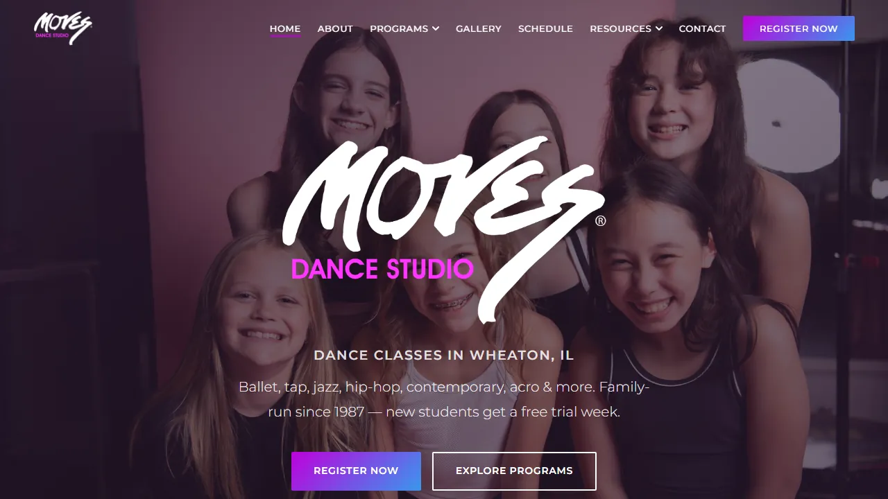 Homepage of the dance studio site we built