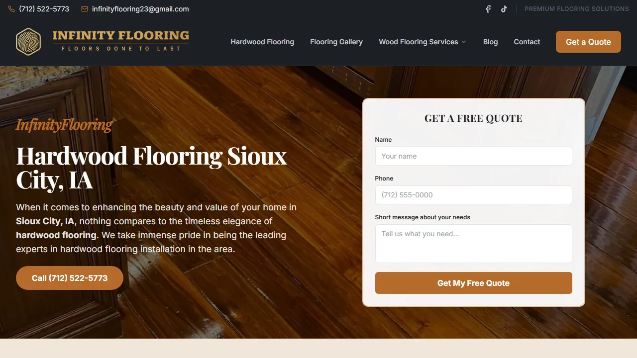 Homepage of the hardwood flooring contractor site we built