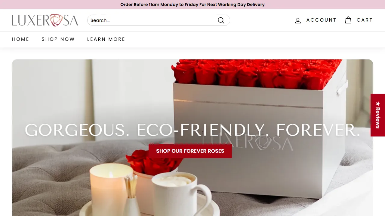 Homepage of the preserved roses store site we built