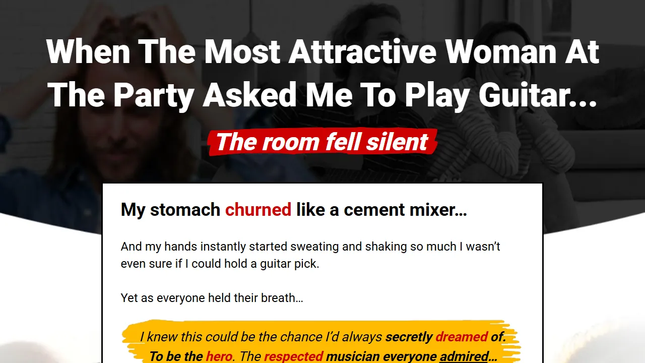 Homepage of the guitar training funnel site we built