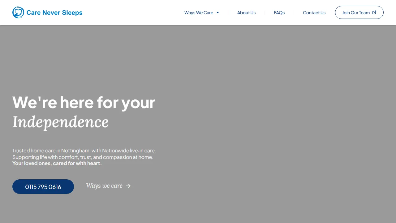 Homepage of the home care agency site we built