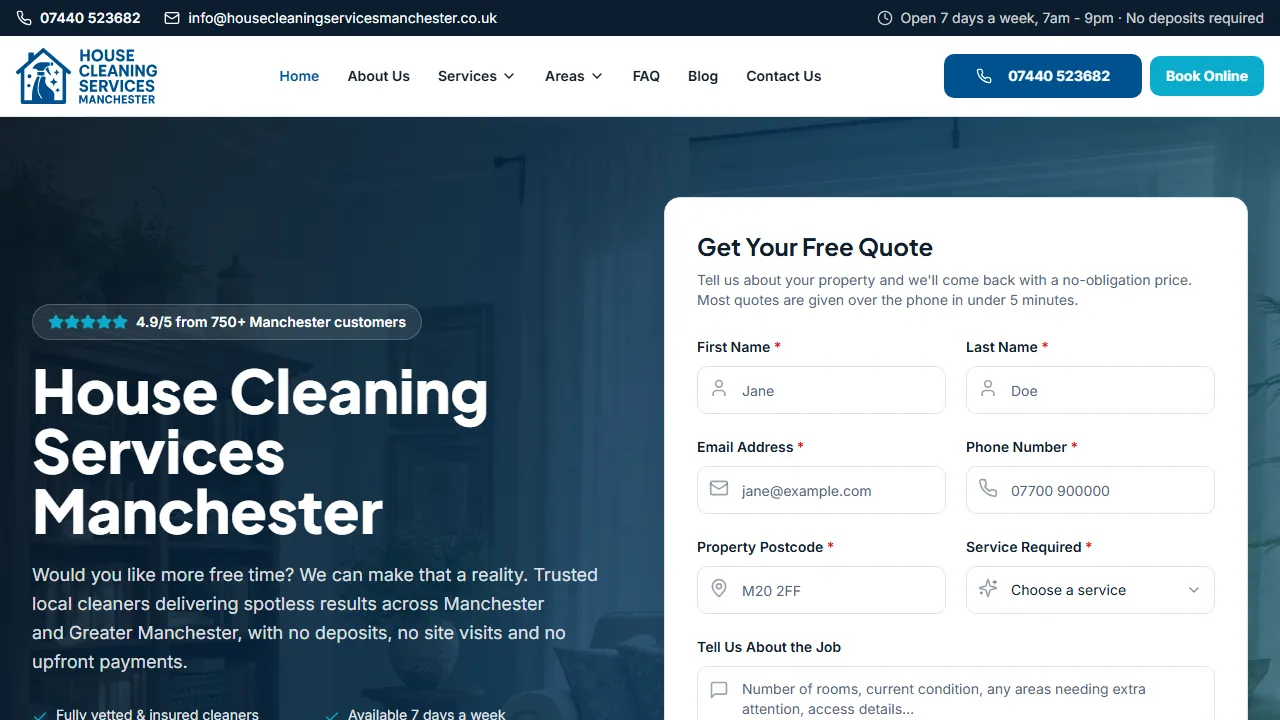 Homepage of the house cleaning company site we built