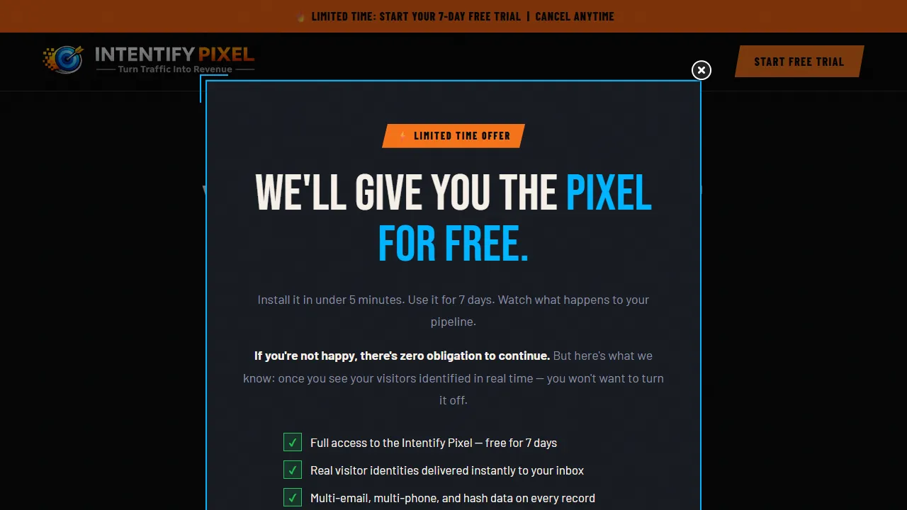 Homepage of the intent pixel saas site we built