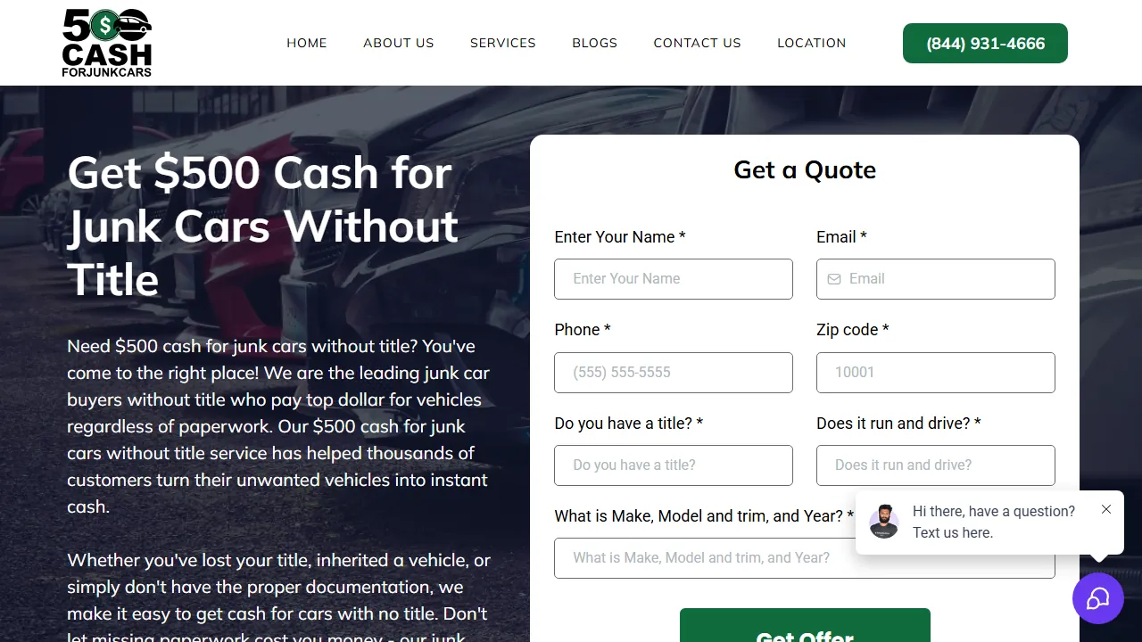 Homepage of the junk car buyer site we built