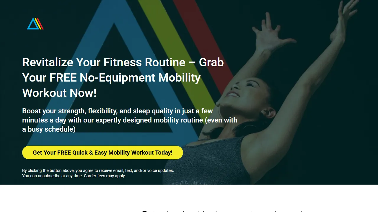 Homepage of the mobility routine funnel site we built