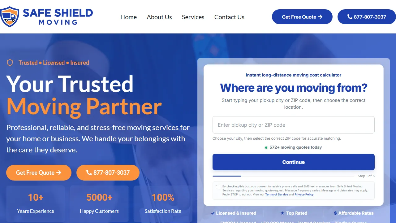 Homepage of the moving company site we built