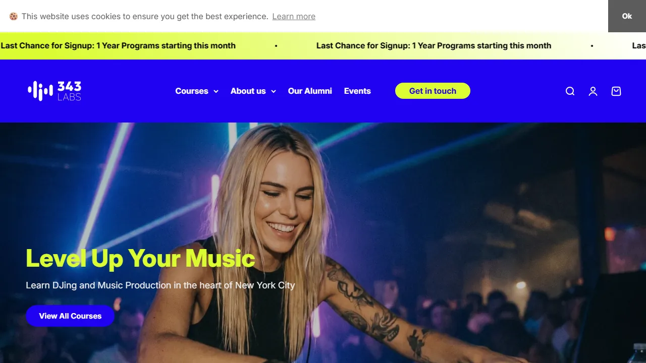 Homepage of the music production course store site we built