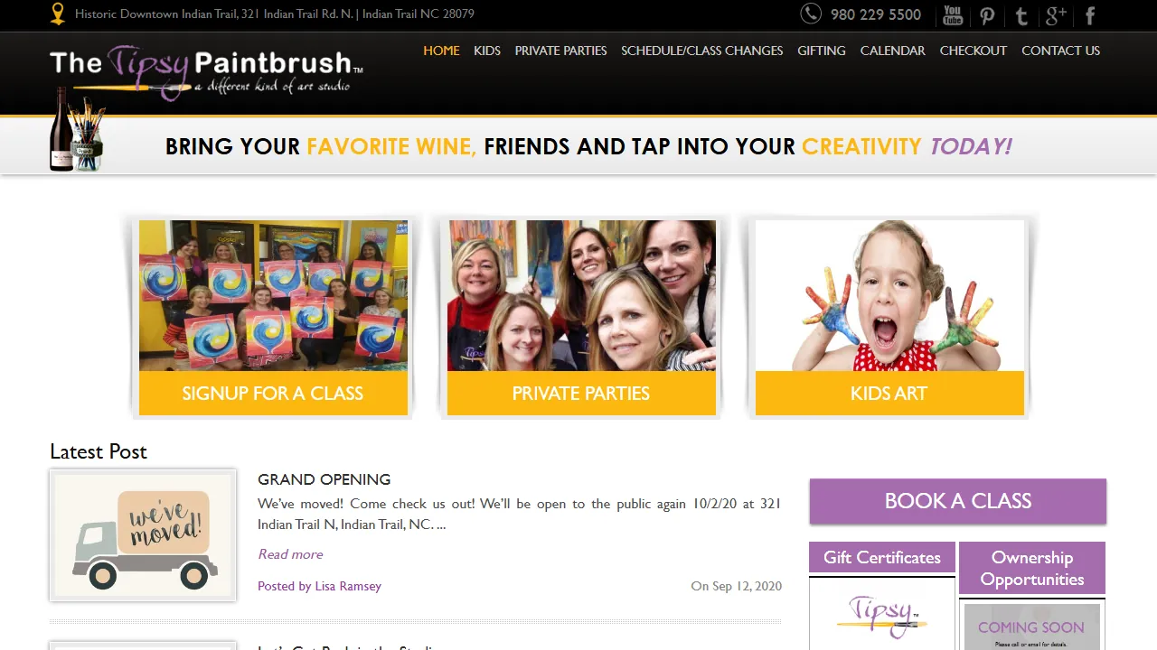 Homepage of the paint and wine studio site we built
