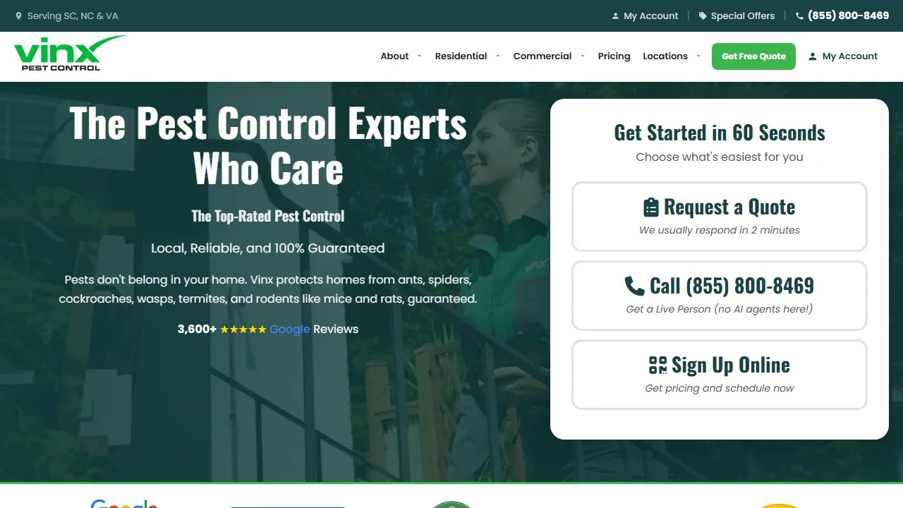 Homepage of the pest control company site we built