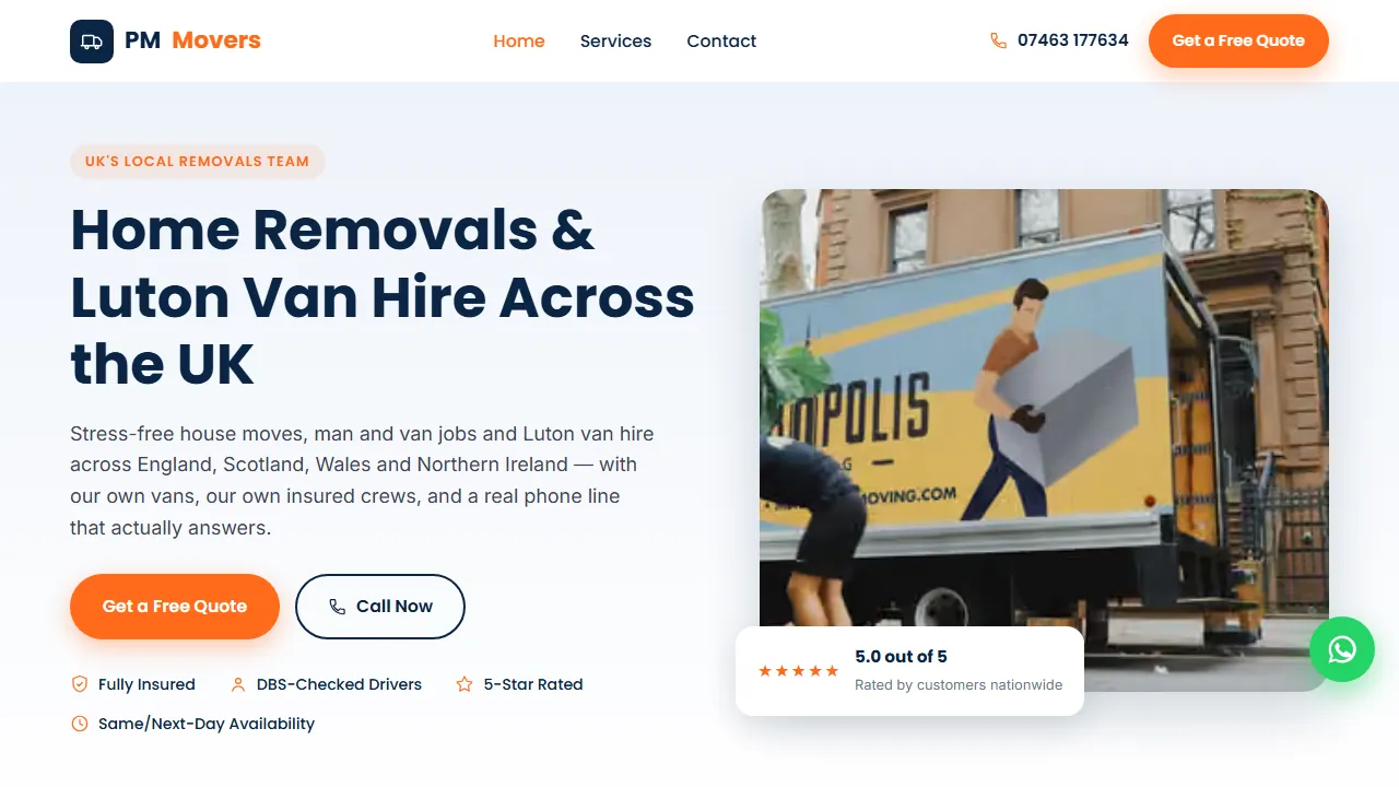 Homepage of the removals and van hire site we built