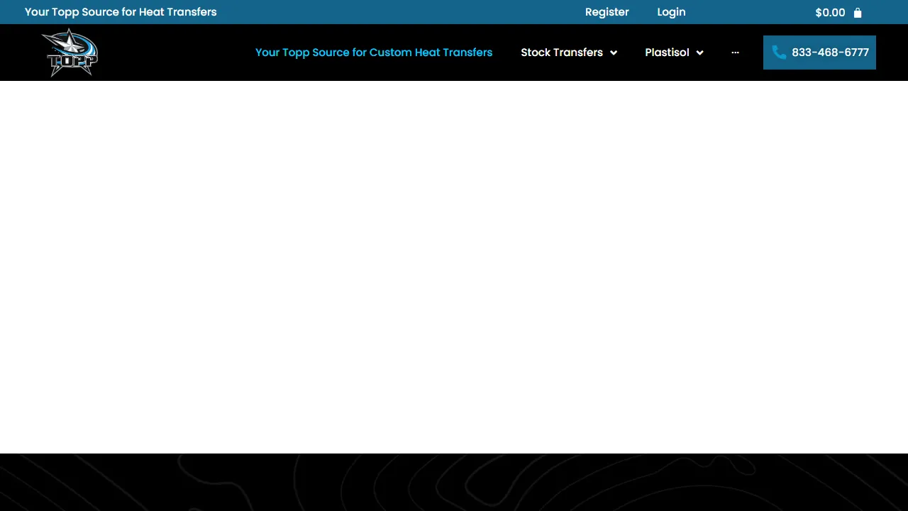 Homepage of the screen print transfers store site we built
